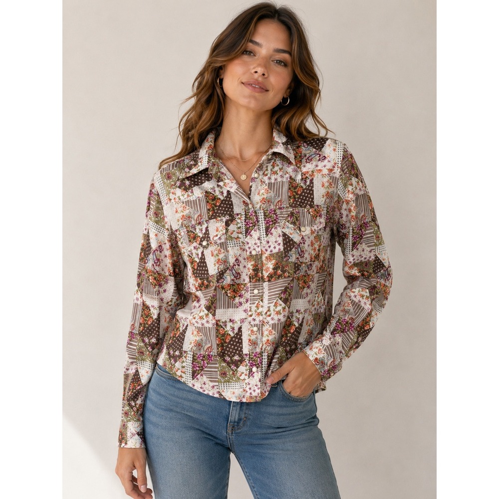 Lucky Brand XL Patchwork Floral Pearl Snap Western Shirt Cotton